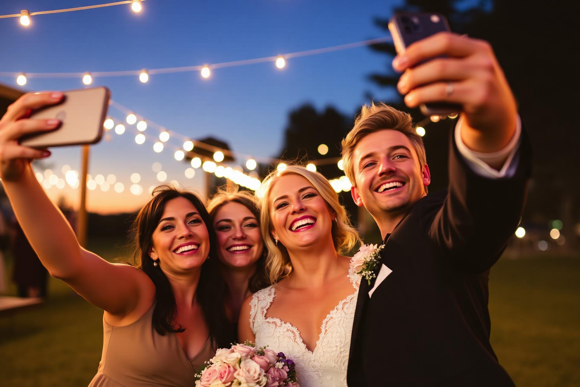 Gäste machen ein Selfie unter Lichterketten